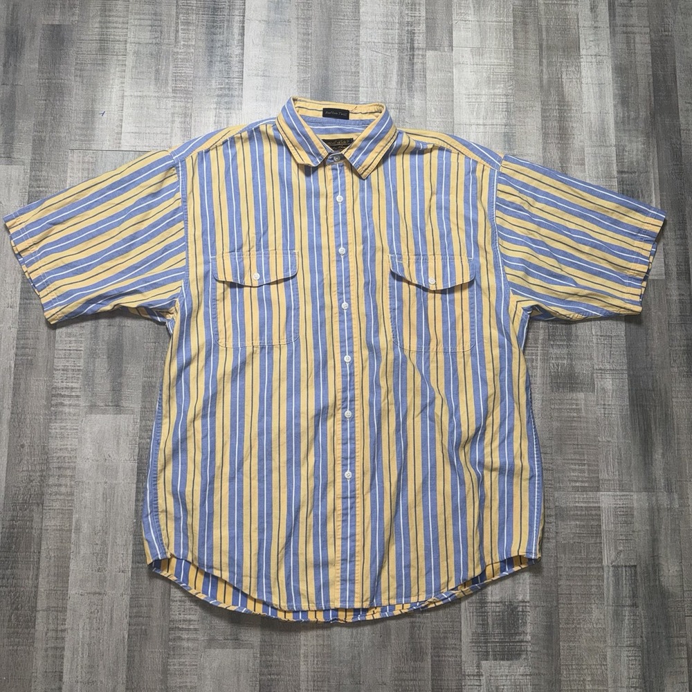 Vintage Eddie Bauer Shirt XLarge Short Sleeve Striped Rufton Twill 90s Button